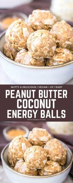 two bowls filled with peanut butter coconut energy balls