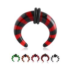 an assortment of black and red striped fake horseshoes with different colors on each side