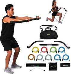 a man and woman doing exercises with resistance bands in front of their back, while holding an exercise bag