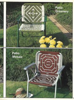 two lawn chairs sitting in the grass with different patterns on them, one has a flower pot