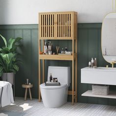 a white toilet sitting next to a wooden shelf