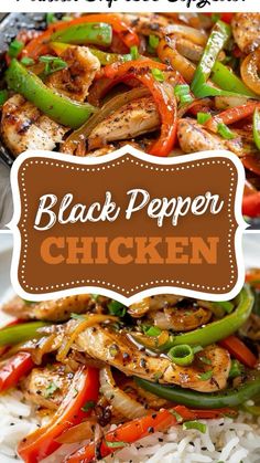 black pepper chicken with white rice and peppers on the side