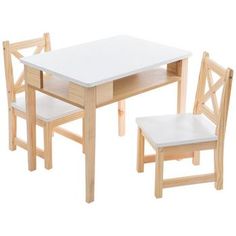 a wooden table with two chairs and a small white square table on the bottom shelf