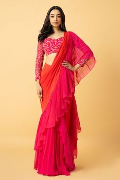 Orange and pink ombre pre-draped ruffle saree in a solid base. Comes with floral padded bead embroidered blouse. - Aza Fashions Baby Pink Saree, Black Embroidered Blouse, Stylish Saree, Wedding Sarees Online, Ruffle Sarees, Sari Design, Orange Saree, Fancy Sarees Party Wear, Gown For Women