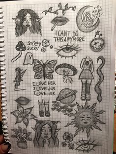 a notebook with drawings on it and some words written in the bottom right hand corner