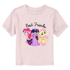 Join in on the spirit of magic with exciting new officially licensed apparel for the whole family from the ever-popular animated series My Little Pony: Friendship is Magic! This Toddlers' My Little Pony: Friendship is Magic Best Friends Graphic T-Shirt features Fluttershy, Pinkie Pie, and Twilight Sparkle posing cutely below the words: "Best Friends" printed in script black lettering. Grab this My Little Pony: Friendship is Magic gear for your baby today and head on down to Ponyville in style! Character Print T-shirt For Disney Fan Events, Character Crew Neck T-shirt With Cartoon Print, Character Style Short Sleeve T-shirt With Cartoon Print, Short Sleeve T-shirt With Character Print, Pink Disney T-shirt With Letter Print For Fan Events, Pinkie Pie And Twilight Sparkle, Pinkie Pie And Twilight, Fluttershy Pinkie Pie, Friends Graphic