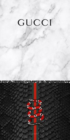 the gucci logo is shown on top of a snake skin background with red and black stripes