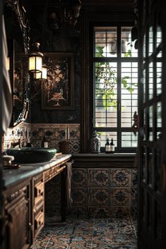 an ornate bathroom with tile flooring and walls