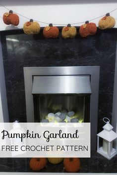 a fireplace with pumpkins hanging over it and the text, free crochet pattern