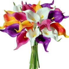 multicolored flowers are in a vase on a white background, with green stems