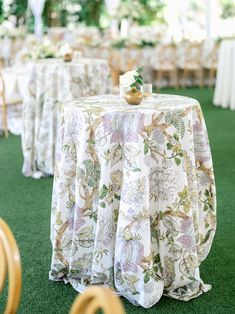 unique patterned table linen with green and violet accents. cocktail tables for wedding reception. turf flooring for wedding reception. Spritz Party, Round Wedding Tables, Green And Violet, Modern Wedding Design, Wedding Design Inspiration, Daniel Island, Green Tablecloth