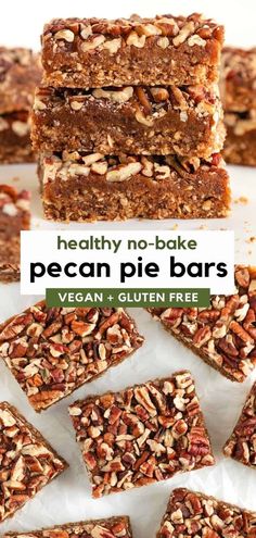 no - bake pecan pie bars stacked on top of each other with text overlay