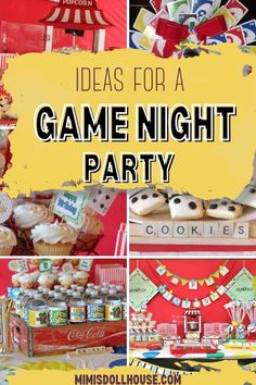 a game night party with lots of food and decorations