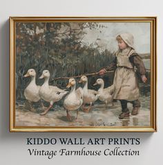 Transform your nursery into a charming pastoral scene with our "Young Girl Walk with Ducks" art poster. This vintage-inspired piece beautifully captures the innocence of childhood and the tranquility of rural life, making it a perfect addition to any farmhouse-themed nursery. 🌼 "Little Shepherdess with Geese" offers a heartwarming scene of a young girl tending to her geese, imbued with a sense of calm and responsibility. This painting uses soft earth tones and fluid brushwork to create a soothi Vintage Children Illustrations, Antique Nursery Decor, Ducks Painting, Ducks Art, Victorian Nursery, Antique Nursery, Nursery Decor Vintage, Vintage Girl Nursery, Vintage Nursery Decor