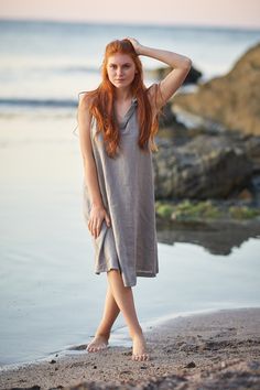 "Linen Tunic Dress, Hooded Linen Dress, Linen Summer Dress ♠ Relaxed summer midi length dress made from high quality pure linen. This tunic dress has a loose hood and a racer back, split neckline, side pockets and a pleat detail at the back. Featured in a natural warm gray shade here, this linen dress could be made in a variety of colors. ♠ If you would like a removable Slip dress in addition to your Linen dress, please check the Slips section: http://etsy.me/36T5ZQu ♠ Sizes My body Size Chart i Casual Knee-length Halter Dress For Beach, Sleeveless Midi Dress For Beach Cover-up, Sleeveless Linen Mini Dress For The Beach, Sleeveless Linen Beach Dress Cover-up, Spring Sleeveless Linen Halter Dress, Sleeveless Sundress Midi Dress For Beach Cover-up, Casual Sleeveless Linen Dress For Beach Season, Knee-length Sleeveless Dress For Beach, Knee-length Sleeveless Beach Dress