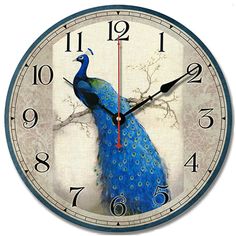 a clock with a blue peacock on it's face