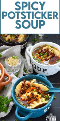 two bowls filled with soup on top of a table