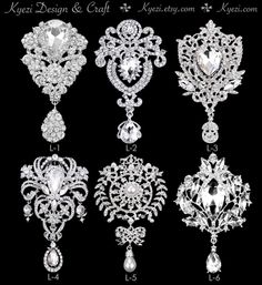 four different styles of brooches and pendants with diamonds on the sides, all in