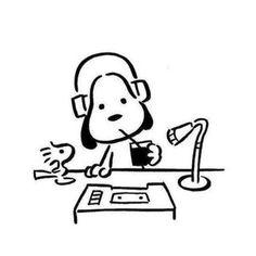 a black and white drawing of a person sitting at a desk with headphones on