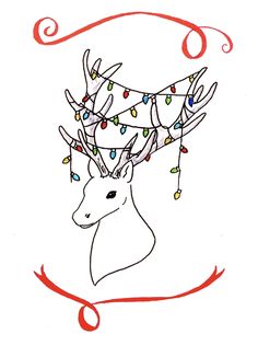 a drawing of a deer with christmas lights on its antlers