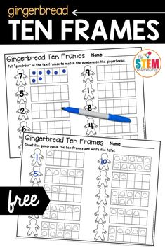 the gingerbread ten frames worksheet is shown with an orange and blue marker