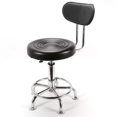 a black stool with a chrome base and foot rests on an isolated white background,