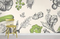 Vegetable Pattern Effect Wallpaper Mural Room Earthy Tone Background, Vegetable Mural, Kitchen Mural Ideas, Wallpaper Pantry, Vegetable Wallpaper, Rock Kitchen, Large Print Wallpaper, Kitchen Mural, Salad Shop