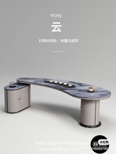 an advertisement for a furniture store featuring a marble table and two cabinets with drawers on each side