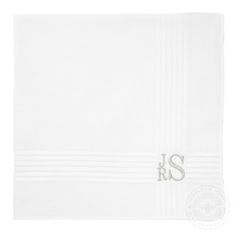 These men's embroidered handkerchiefs with a personalized minimalist stacked monogram are the perfect complement to a wedding or formal event. Give as a gift to the groom, best man, wedding part or add them to your own ensemble. Available in 2 men's handkerchief styles: 1) modern white as-shown or 2) classic white. We offer free shipping on orders over $35. Choose from over 40 colors of high-quality embroidery thread designed to never bleed or fade from washing. Mark your order as a gift and I’l Classic Cotton Handkerchiefs For Formal Occasions, Classic Cotton Handkerchiefs As Gift, Classic Cotton Formal Handkerchiefs, White Handkerchiefs With Custom Embroidery For Gift, Monogrammed Handkerchief, Monogrammed Mens Handkerchiefs, Formal White Embroidered Handkerchiefs, Mens Embroidered Handkerchief, Personalized Handkerchiefs