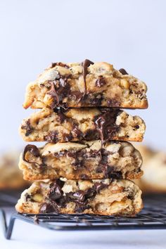 chocolate chip cookies stacked on top of each other