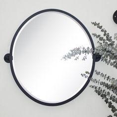 a round mirror sitting on top of a wall next to a plant