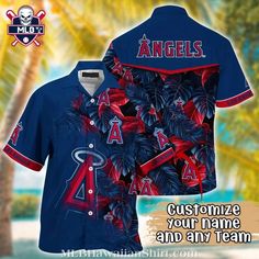 Los Angeles Angels Palm Leaf Aloha Shirt Summer Hawaii, Black Hawaiian Shirt, Tshirt Custom, Hawaiian Shirt Women, Angels Logo