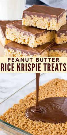 peanut butter rice krispie treats stacked on top of each other with chocolate frosting