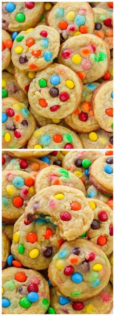 cookies with m & m's and chocolate chips are stacked on top of each other