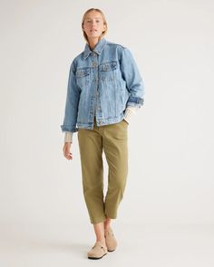 100% Organic Cotton Oversized Denim Jacket Spring Cotton Denim Jacket With Pockets, Relaxed Fit Denim Jacket With Welt Pockets, Spring Denim Jacket With Pockets, Light Wash Denim Jacket With Patch Pockets For Fall, Oversized Denim Jacket With Patch Pockets For Everyday, Medium Wash Cotton Outerwear With Patch Pockets, Cotton Outerwear With Patch Pockets In Medium Wash, Utility Style Medium Wash Cotton Outerwear, Casual Utility Jacket With Flap Pockets In Medium Wash