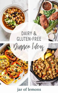 four different images with the words dairy and gluten - free dinner ideas on them