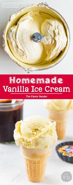 homemade vanilla ice cream in an ice cream cone with the title overlay above it