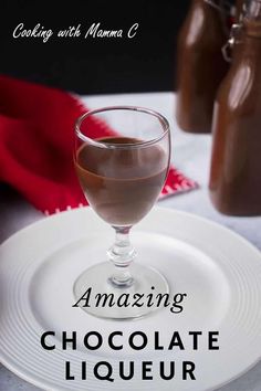 a white plate topped with a chocolate liqueur