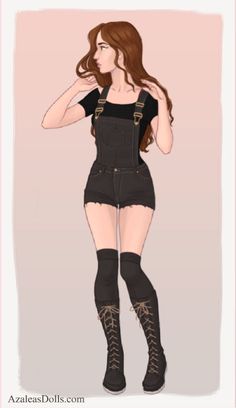 a drawing of a woman in black overalls and boots with her hands on her hips