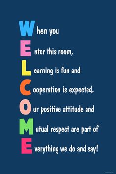 the words welcome written in multicolored letters on a blue background with an image of a