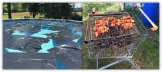 a shopping cart filled with lots of food next to a swimming pool covered in tarps