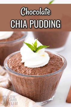 chocolate chia pudding with whipped cream on top