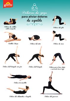 a woman doing yoga poses with the words, how to do it in spanish and english