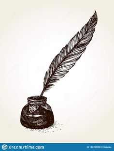 an ink pen with a feather quill sitting on it's end, in black and