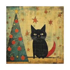 a painting of a black cat sitting next to a christmas tree with stars on it