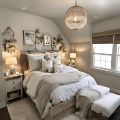 a white bed sitting under a window next to two lamps on either side of it