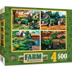 a puzzle box with four pictures of farm vehicles and farm scenes on it's sides