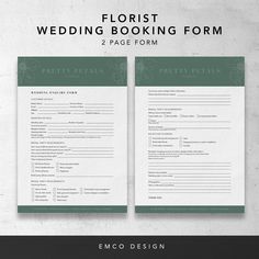 two wedding forms are shown with the words, florist wedding packing form 2 page form