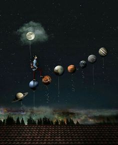 an artist's rendering of the solar system with planets and stars in the sky