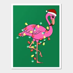 a pink flamingo wearing a santa hat and christmas lights